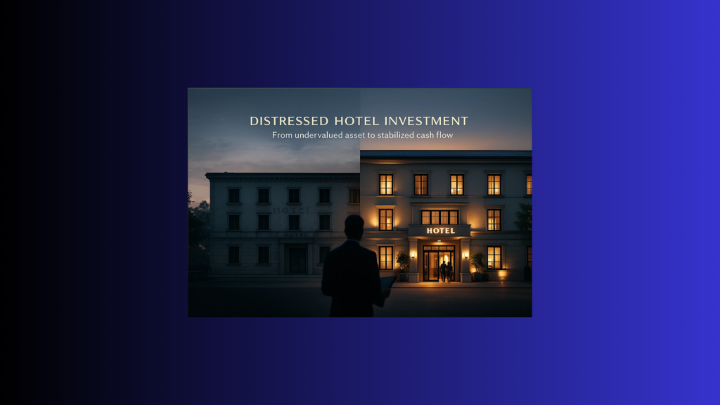 Distressed hotel investment hero image showing before and after turnaround of the same hotel from underperforming asset to stabilized property.