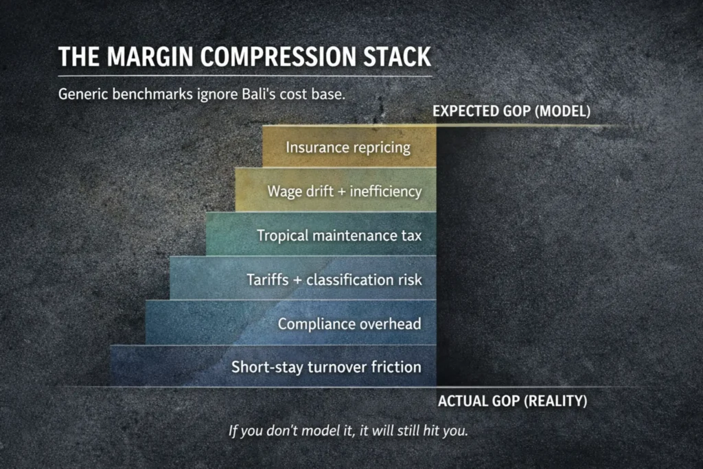 Cost stack diagram showing margin compression from insurance, labor, maintenance, utilities, compliance, and turnover.