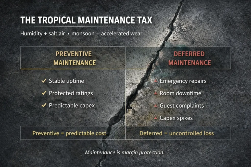 Comparison of preventive versus deferred maintenance in tropical conditions and its impact on Bali hotel profit margins.