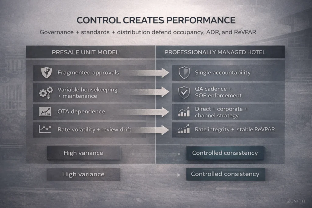 Professional management mechanism showing governance, QA cadence, and distribution strategy improving operating consistency