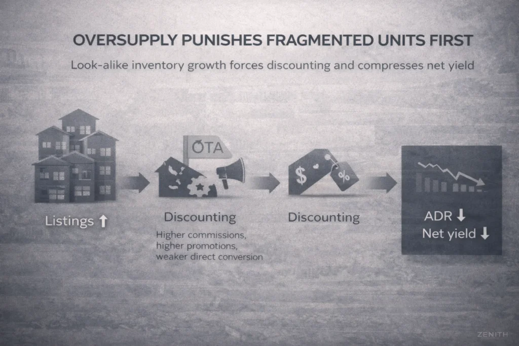 Market pressure diagram showing oversupply leading to discounting, ADR decline, and lower net yield