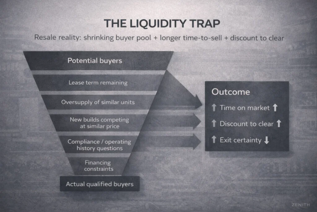 Bali off-plan hotel investment exit risk funnel showing why presale units can become illiquid and require discounts to sell