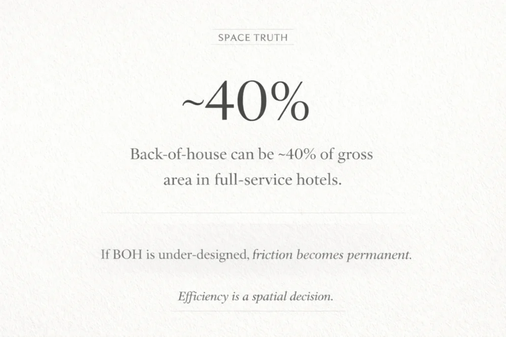 Back-of-house can represent around 40% of gross area in full-service hotels, shaping operational efficiency