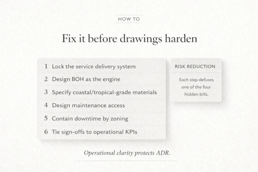 How to fix resort design cost leakage in Bali: flow spine, BOH, materials, maintenance access, and KPIs