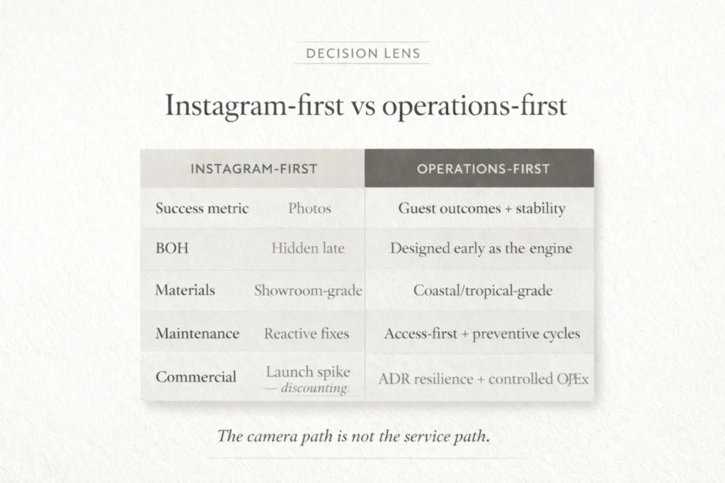 Instagram-first vs operations-first resort design: what changes in layout, materials, and maintenance