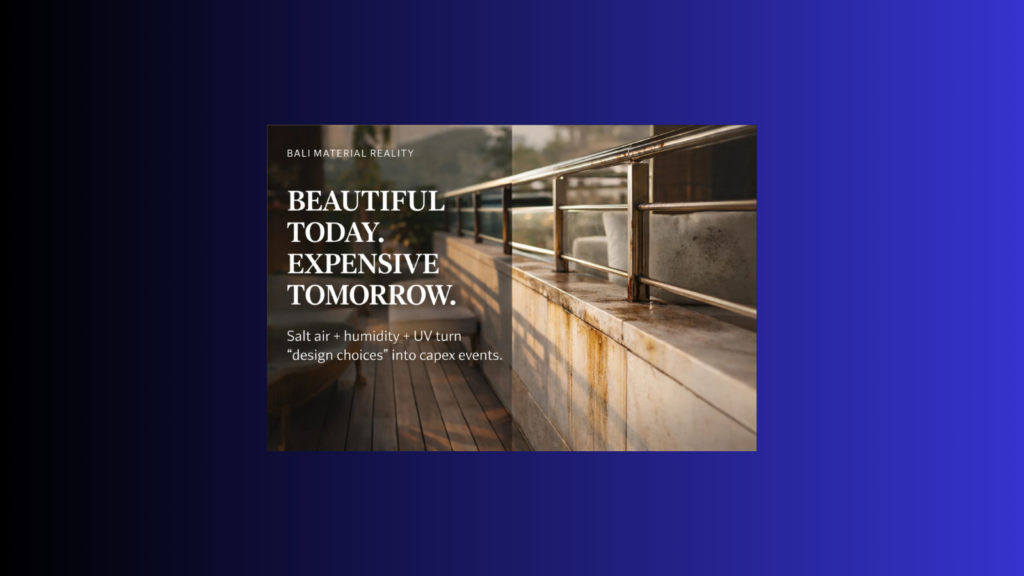Hotel materials tropical climate Bali — luxury finishes failing from salt air, humidity and UV