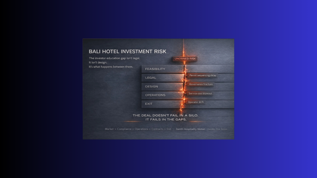 Bali hotel investment risk hero visual showing investor education gap between feasibility, legal, design, operations and exit