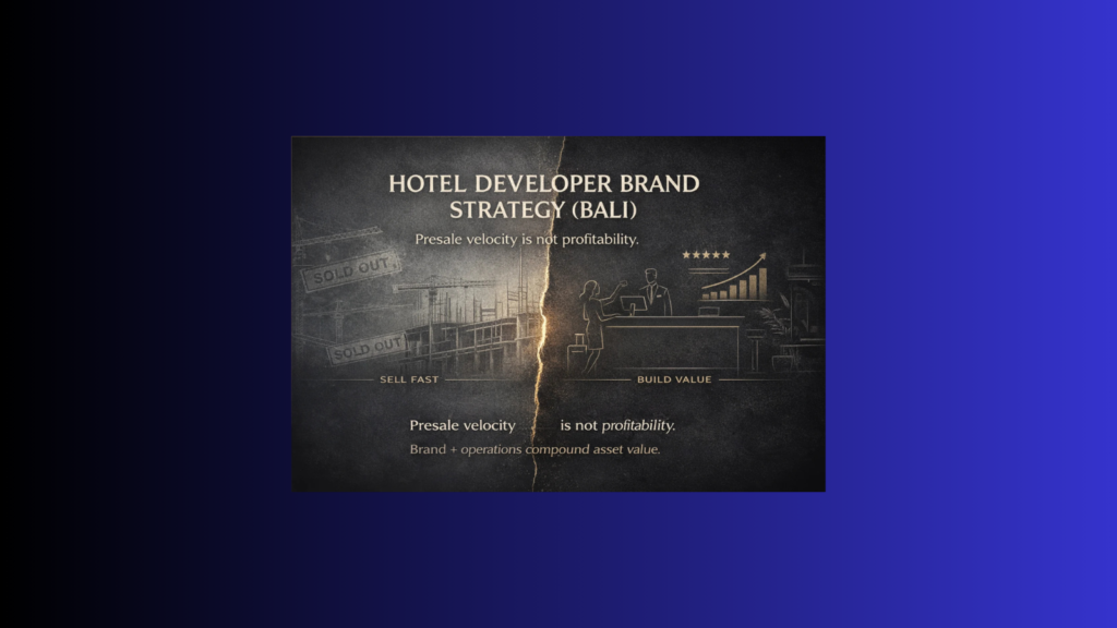 Hotel developer brand strategy in Bali showing presale velocity versus long-term brand value and operational performance