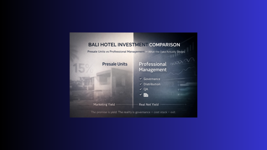 Bali hotel investment comparison hero showing presale units versus professionally managed hotels and why performance diverges