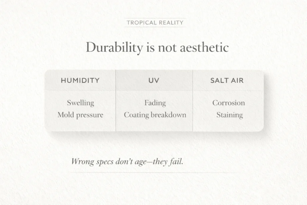 Tropical materials durability in Bali resorts: humidity, UV, and salt accelerate corrosion and finish failure