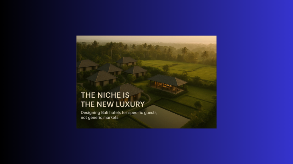 Niche hotel development Bali with low-density villas and a coworking pavilion set in a golden-hour tropical rice field landscape