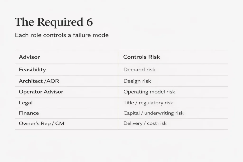 Hotel development advisory team Indonesia — the Required 6 advisors and the risks they control