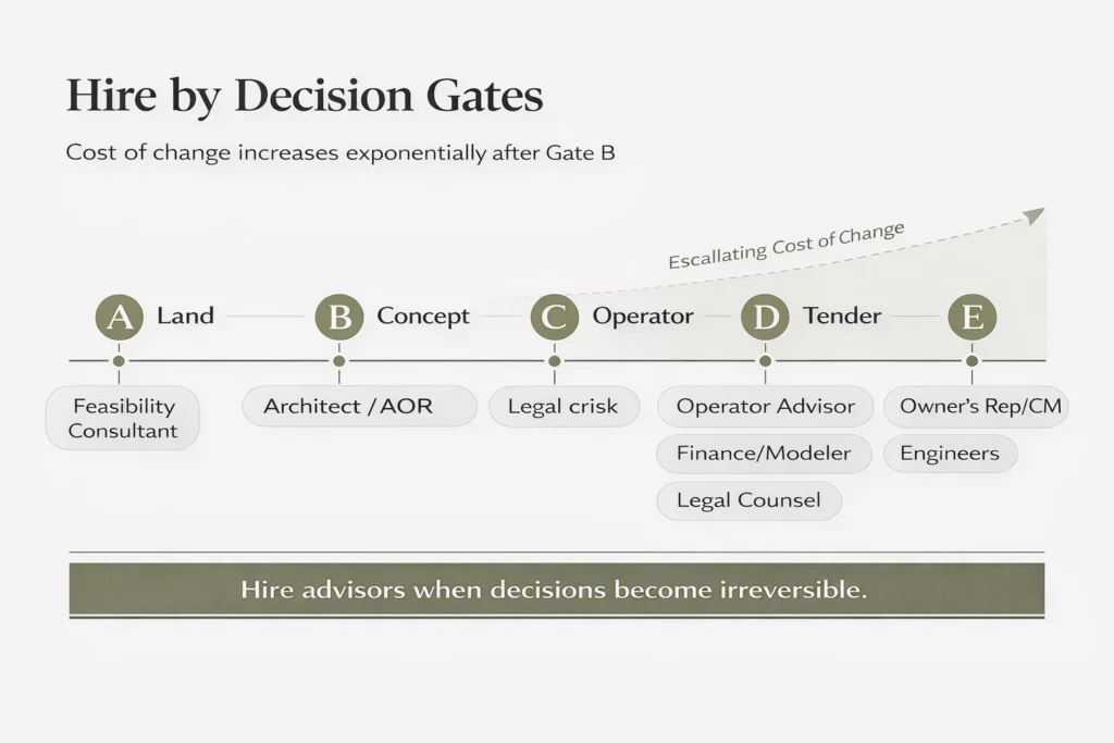 Hotel advisory team Indonesia — stage-gate hiring timeline for feasibility, design, legal, finance, and CM