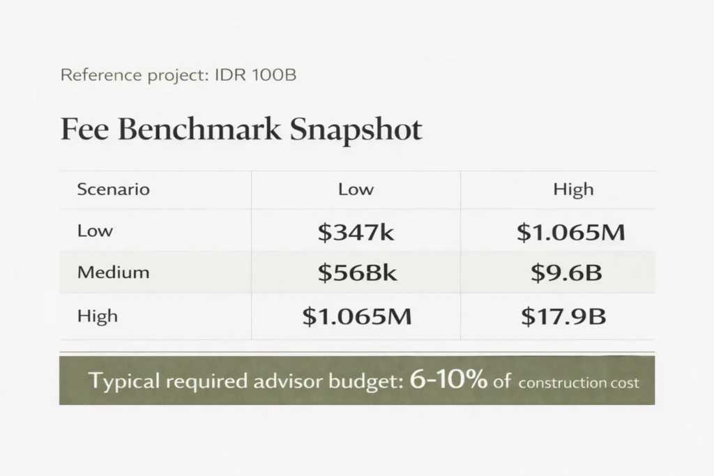 Hotel development advisory team Indonesia — fee benchmark snapshot in USD and IDR (Required 6)