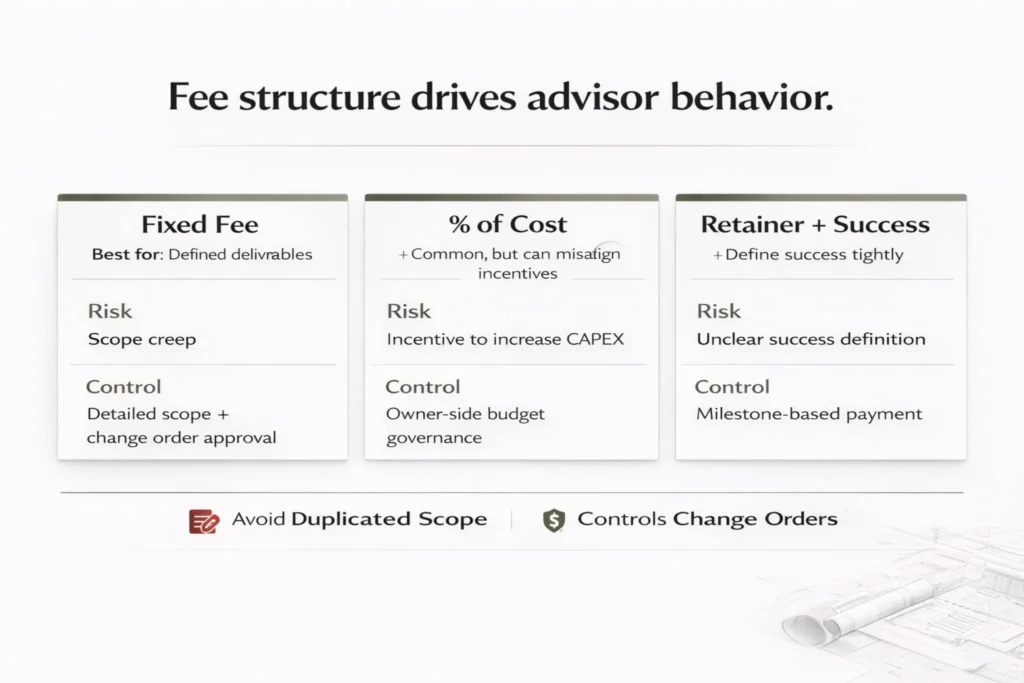 Hotel development consultant fees in Indonesia — fixed fee vs percent of cost vs retainer + success
