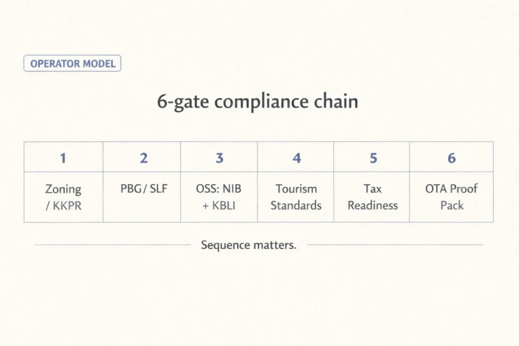Six-gate compliance system map for Bali villas: land/zoning, building legality, OSS identity, tourism standards, tax readiness, and OTA proof pack in correct sequence.