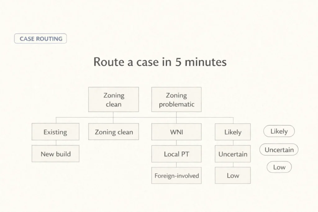 Decision tree routing Bali villa cases by existing vs new build, zoning viability, and operator structure to determine feasibility and first action.