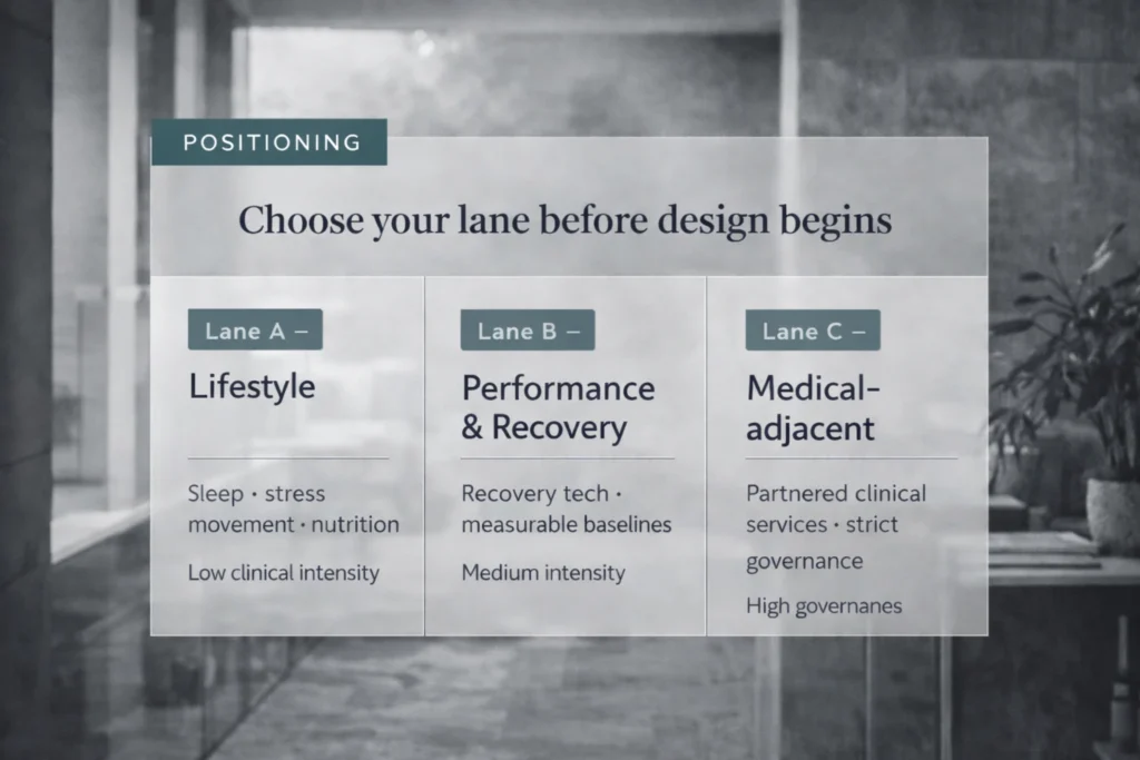 Three-lane positioning map for wellness hotel development Indonesia: Lifestyle, Performance & Recovery, and Medical-adjacent.
