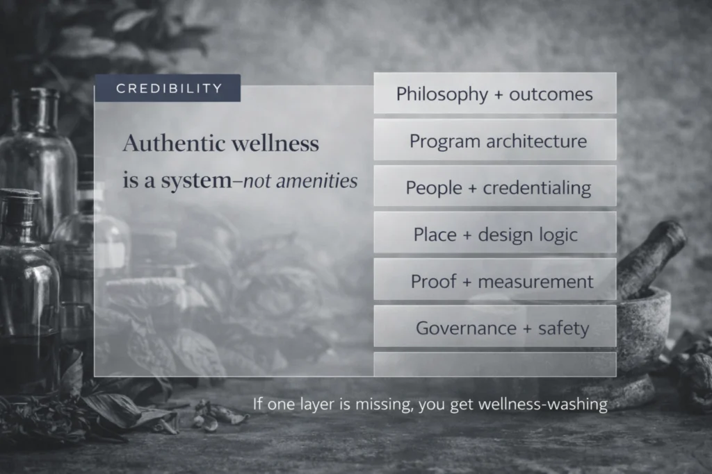 Credibility stack diagram for wellness hotel development Indonesia showing six layers: outcomes, programs, people, place, proof, and governance.