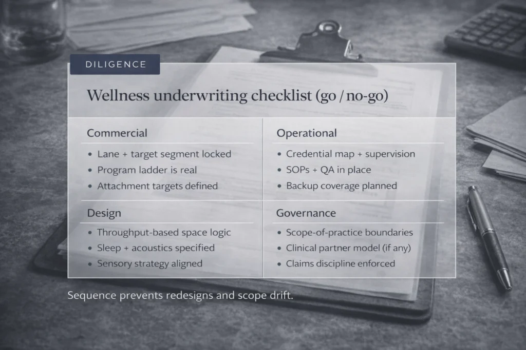 Wellness underwriting diligence checklist for wellness hotel development Indonesia across commercial, operational, design, and governance criteria.