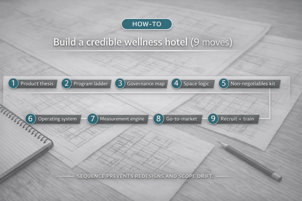 How-to flow for wellness hotel development Indonesia showing nine moves from product thesis to go-to-market and training.