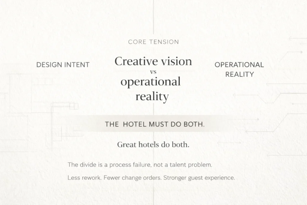 Split-screen visual showing design intent vs operational reality to introduce hotel architect operator collaboration.