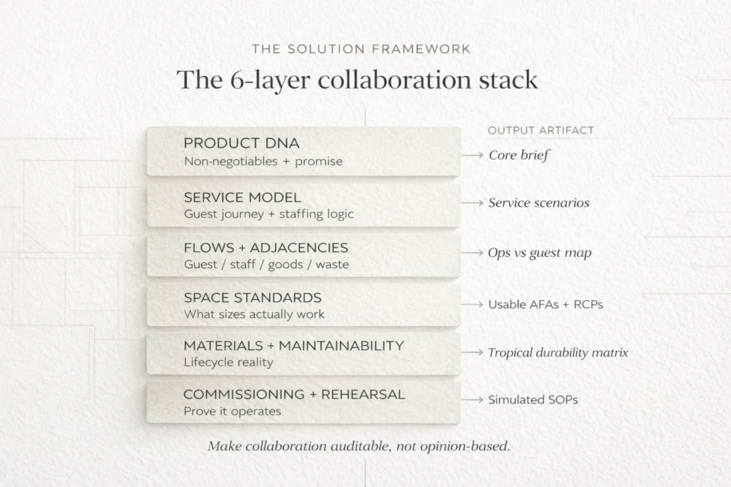Six-layer framework for hotel architect operator collaboration covering product DNA, service model, flows, space standards, materials, and commissioning.