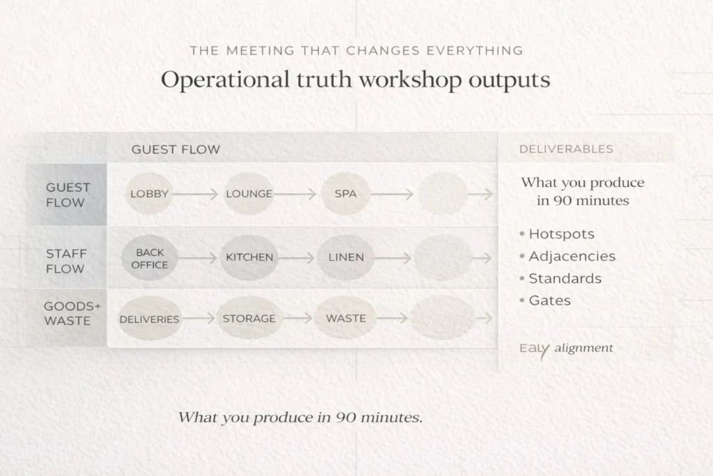 Workshop flow map showing guest, staff, and goods/waste circulation used to align architects and operators early.