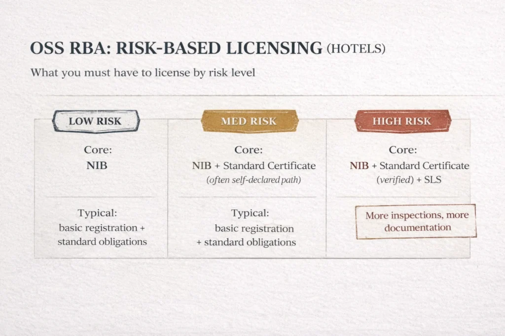 OSS RBA risk-based licensing overview for accommodation in Indonesia showing differences between low-, medium-, and high-risk requirements including NIB, Standard Certificate, and SLS.