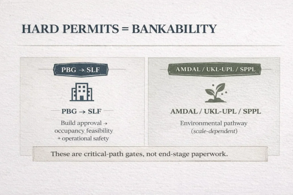 Indonesia hotel hard permits summary showing PBG to SLF for building and occupancy readiness, and environmental approvals via AMDAL, UKL-UPL, or SPPL.