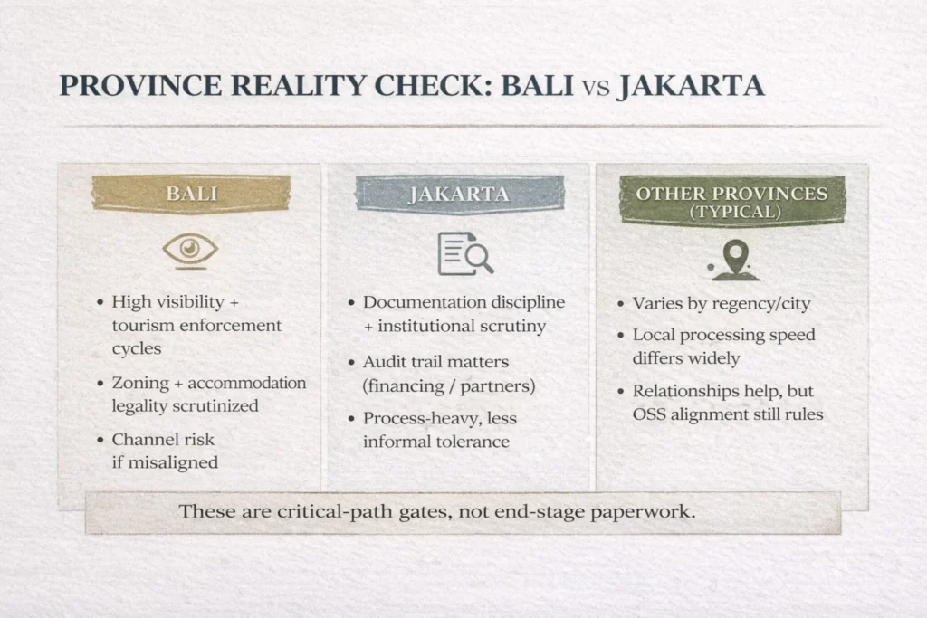 Comparison of hotel licensing realities across Bali, Jakarta, and other Indonesian provinces highlighting enforcement, documentation discipline, and local processing variation.