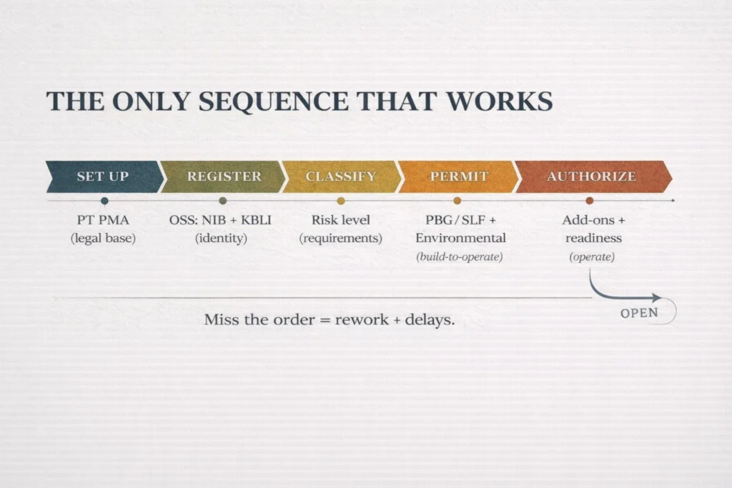 Five-phase sequence for hotel licensing in Indonesia: Set Up PT PMA, Register OSS NIB/KBLI, Classify risk level, Permit PBG/SLF and environmental approvals, Authorize operational add-ons.