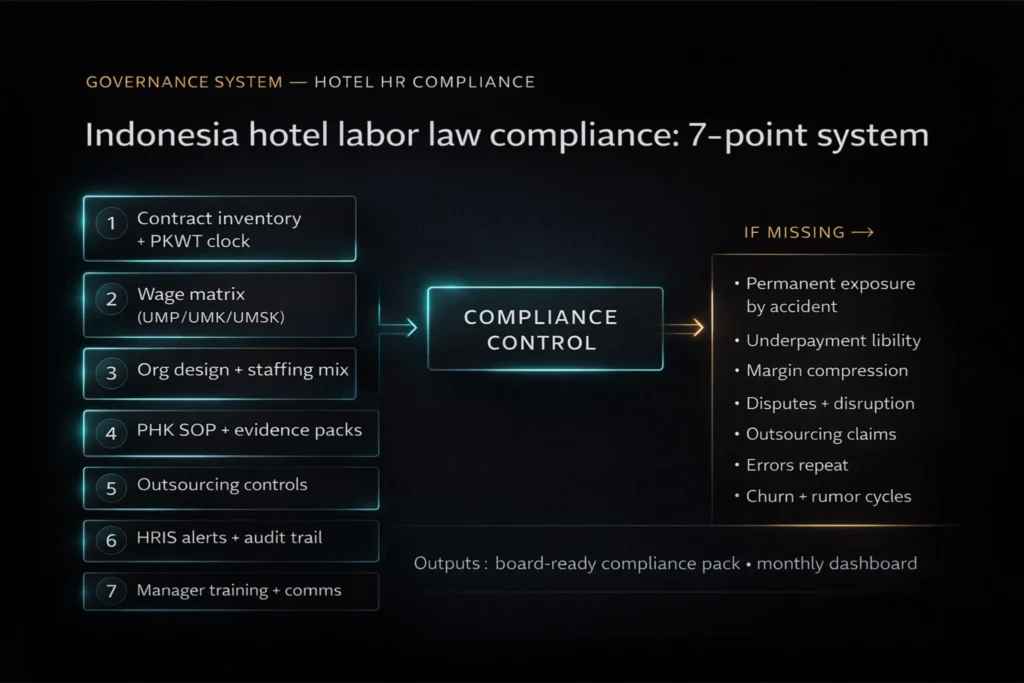 Indonesia hotel labor law compliance system for hotels: 7-point framework covering PKWT, UMSK wage governance, PHK SOPs, outsourcing, and HRIS controls