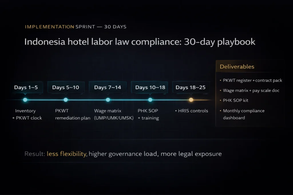 Indonesia hotel labor law compliance 30-day playbook for hotels: PKWT audit, UMSK wage verification, PHK SOP rollout, outsourcing checks, and HRIS controls
