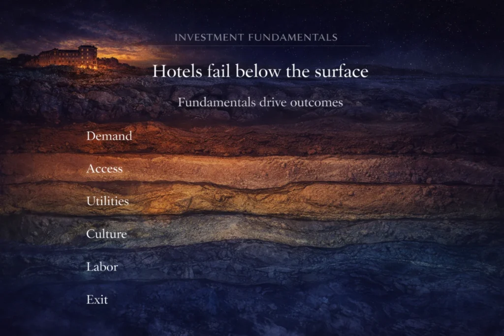 demand, access, utilities, culture, labor, and exit.