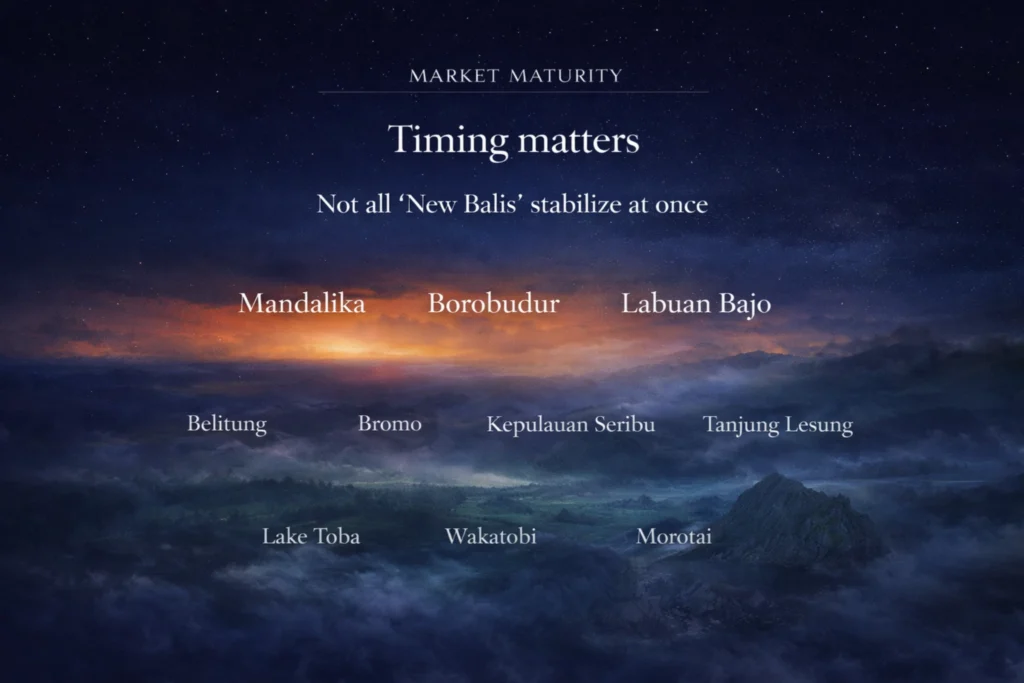 Market maturity visual grouping 10 New Balis destinations by stabilization timing for Indonesia emerging investment.