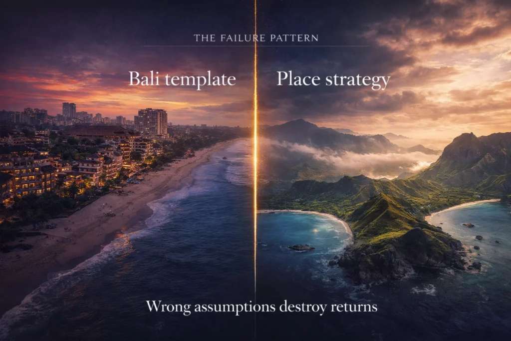 Split-screen visual comparing Bali template thinking versus place strategy in Indonesia emerging destination investment.