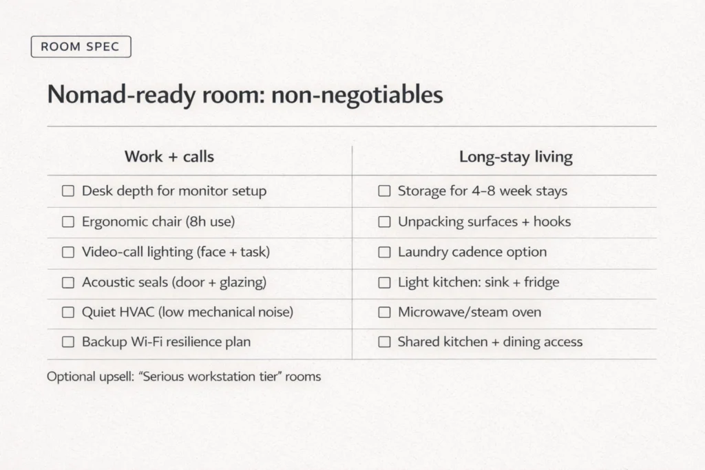 Checklist of nomad-ready room specifications for Digital nomad hotel design Bali.
