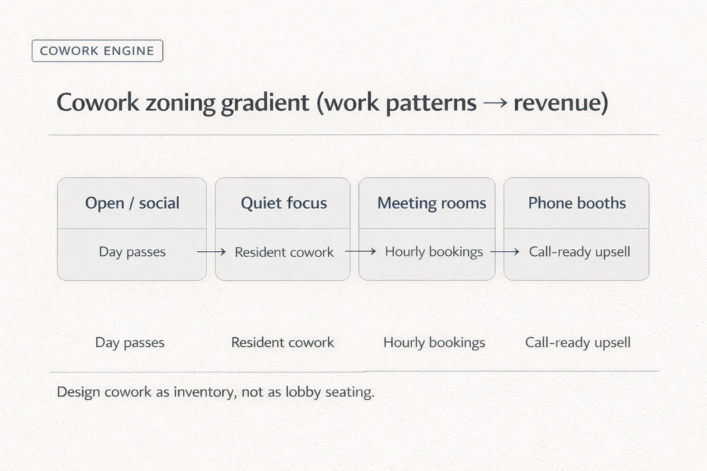 Diagram showing cowork zoning gradient for Digital nomad hotel design Bali from open space to phone booths.