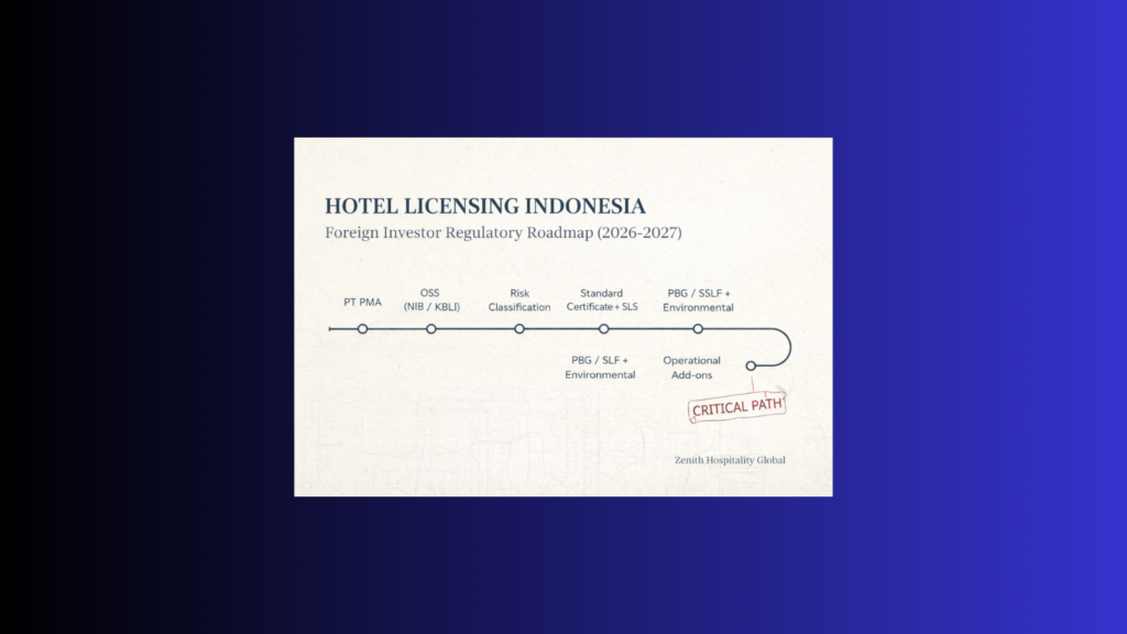 Hotel licensing roadmap in Indonesia for foreign investors showing PT PMA, OSS NIB/KBLI, risk classification, certificates, PBG/SLF, environmental approvals, and operational add-ons.