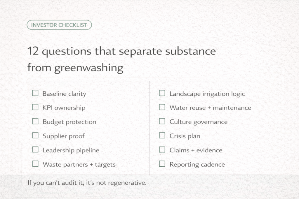 Investor due diligence checklist for regenerative hospitality projects: proof, KPIs, and reporting