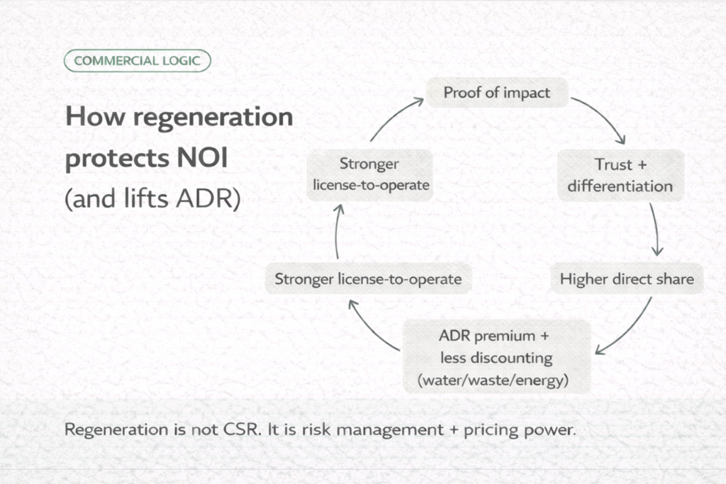 Commercial case for net positive hotels: ADR premium, direct demand, and NOI resilience loop