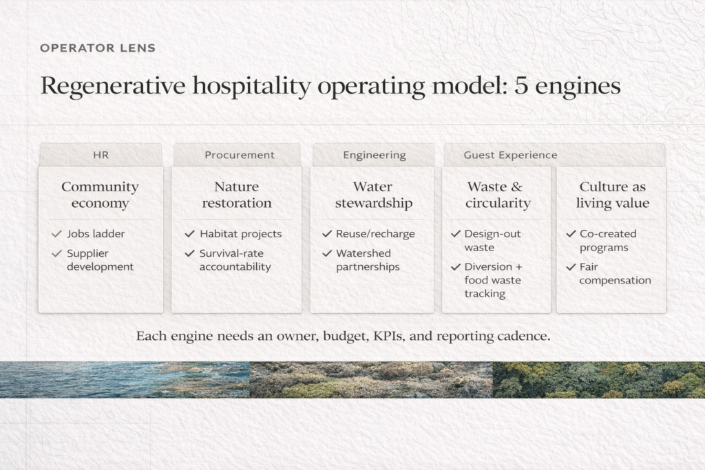 Regenerative hotel operating model: five engines for community, nature, water, waste, and culture