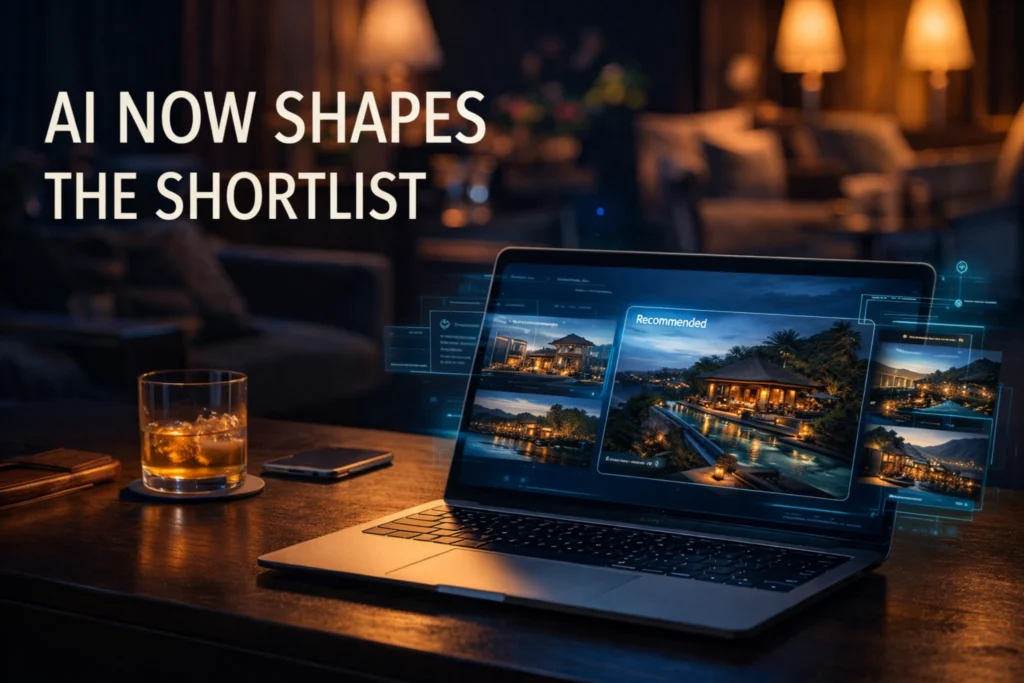 Luxury travel planning scene showing how AI is reshaping hotel discovery and shortlist selection