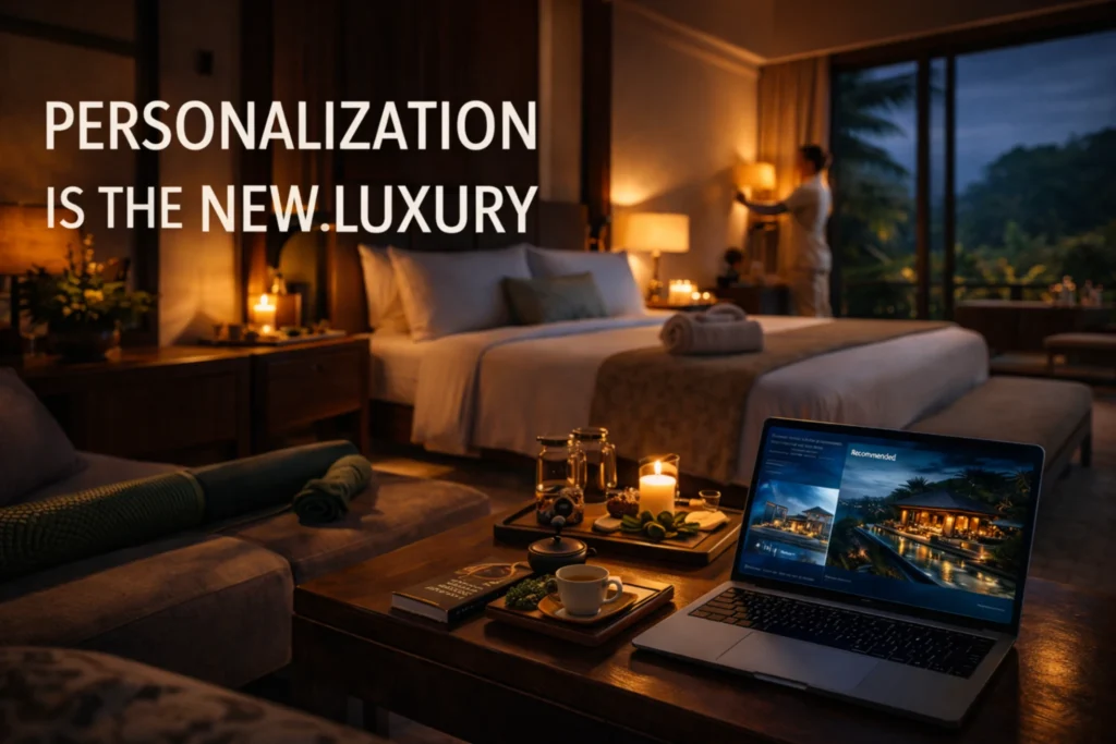 Personalized luxury hotel suite prepared with guest-specific details and wellness-focused hospitality touches