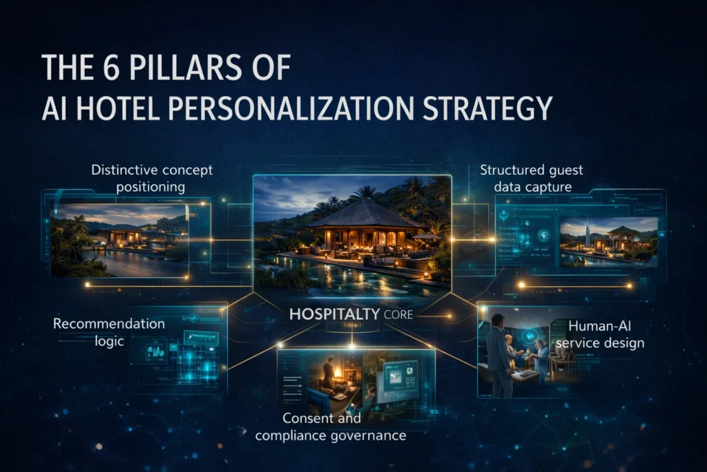 Framework showing the 6 pillars of AI hotel personalization strategy for luxury hospitality