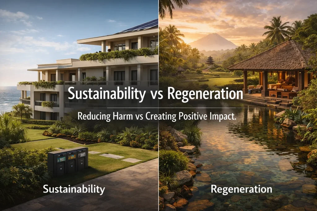 Split-scene hospitality comparison with overlay text reading Sustainability vs Regeneration: Reducing Harm vs Creating Positive Impact