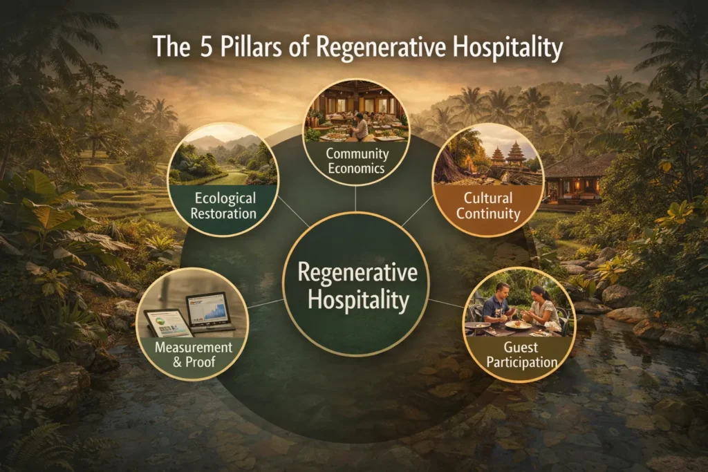 Framework visual with overlay text showing the five pillars of regenerative hospitality Indonesia: ecological restoration, community economics, cultural continuity, guest participation, and measurement and proof