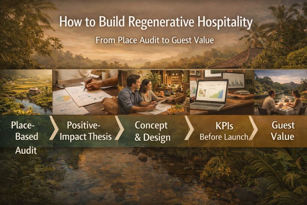 Six-step process visual with overlay text showing how to build regenerative hospitality Indonesia from place-based audit to guest value