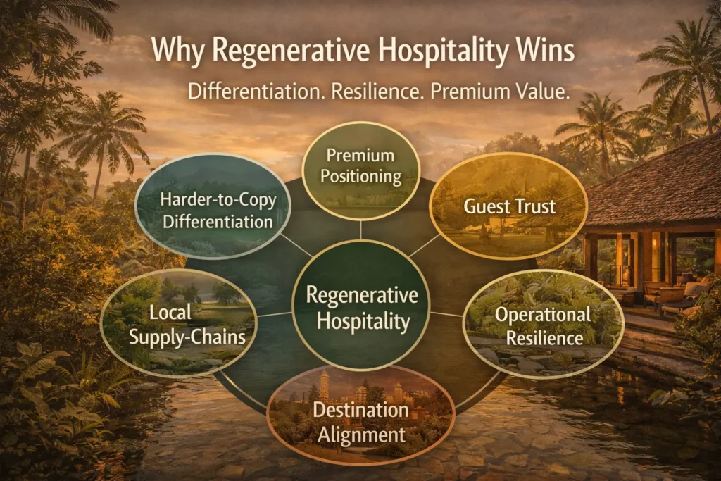 Commercial framework visual with overlay text showing how regenerative hospitality in Indonesia supports differentiation, resilience, premium positioning, and long-term asset value